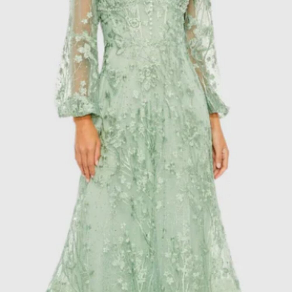 Mac Duggal Puff Sleeve A-Line Embroidered Gown Sage Plus Size 16